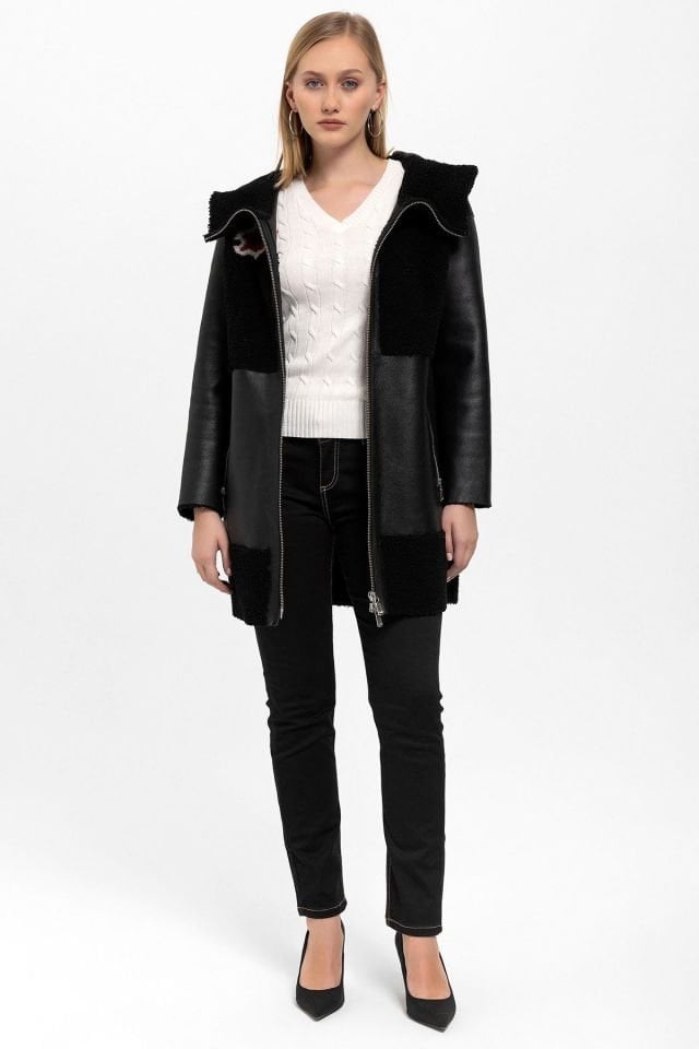 Fleu Black Genuine Leather Fur Coat