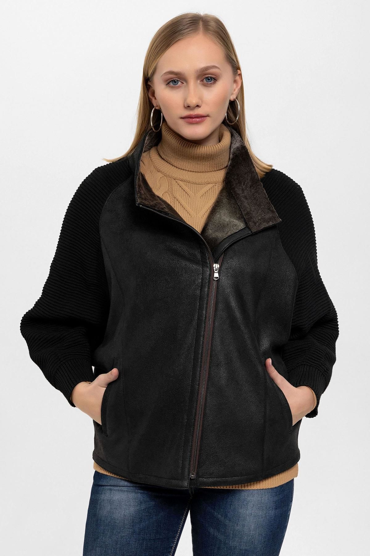 Valeria Black Sleeves Knitwear Woman Genuine Shearling Coat