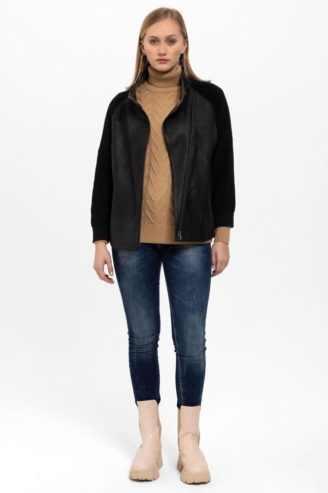 Valeria Black Sleeves Knitwear Woman Genuine Shearling Coat