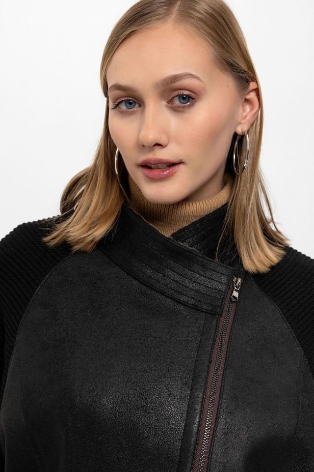 Valeria Black Sleeves Knitwear Woman Genuine Shearling Coat