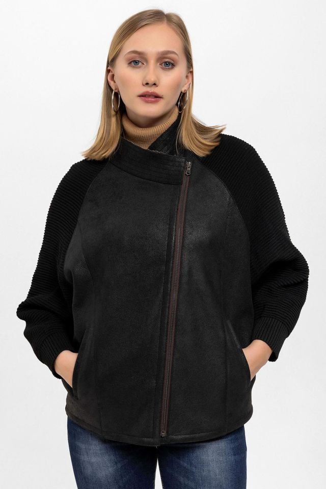 Valeria Black Sleeves Knitwear Woman Genuine Shearling Coat