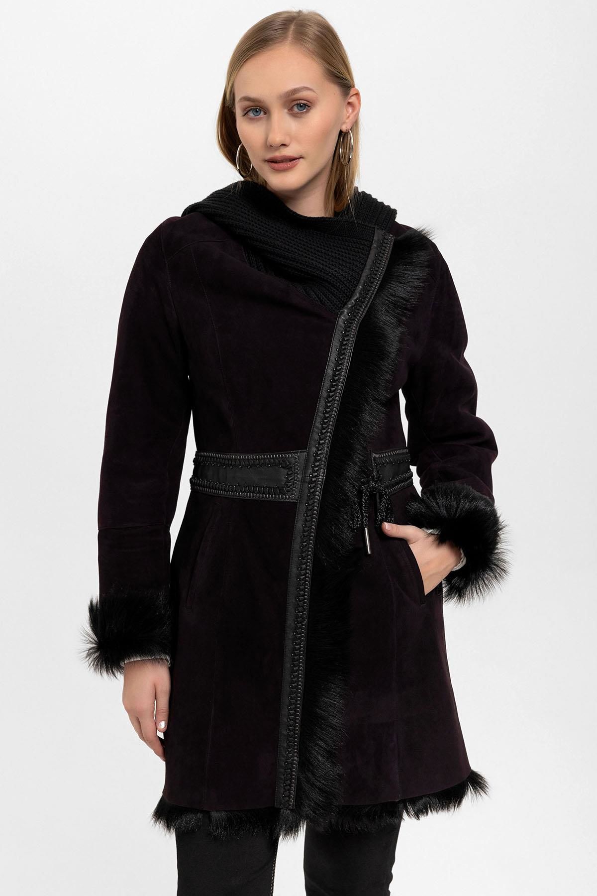 Plum Seline Knitwear Hooded Genuine Leather Fur Coat