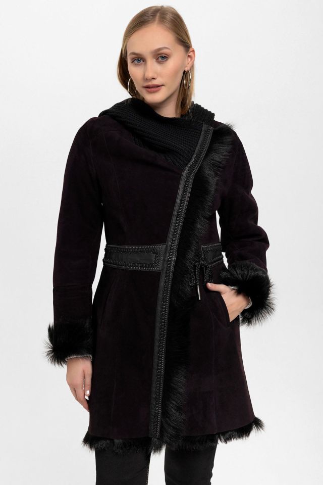 Plum Seline Knitwear Hooded Genuine Leather Fur Coat