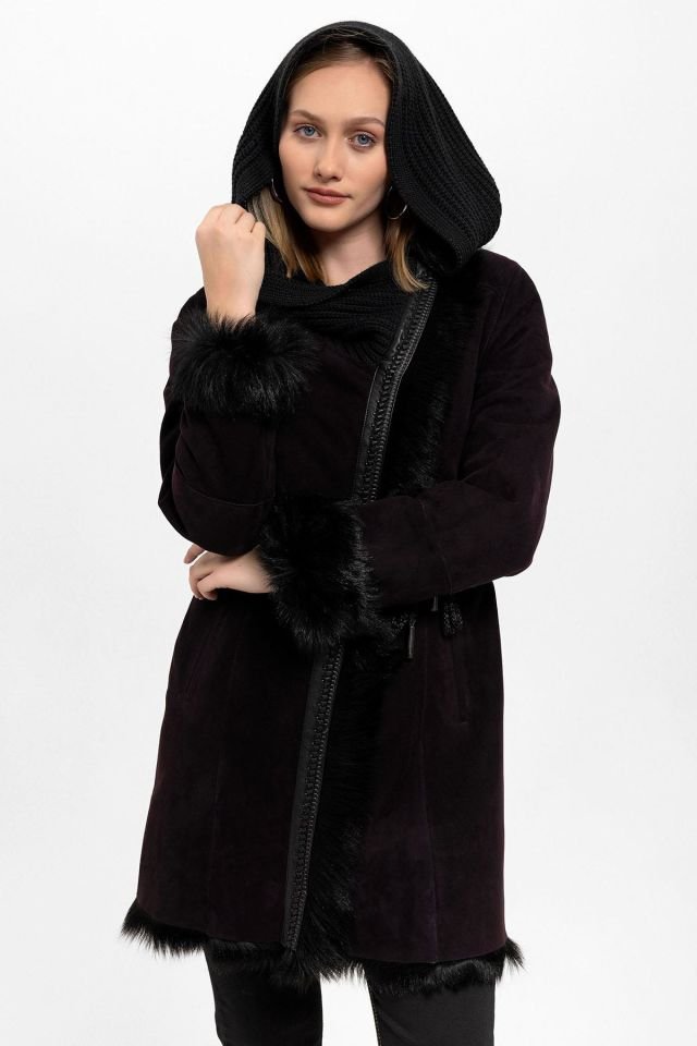 Plum Seline Knitwear Hooded Genuine Leather Fur Coat