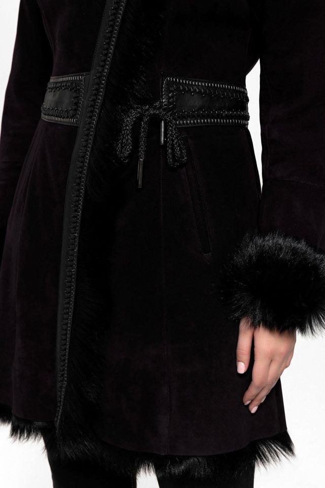 Plum Seline Knitwear Hooded Genuine Leather Fur Coat