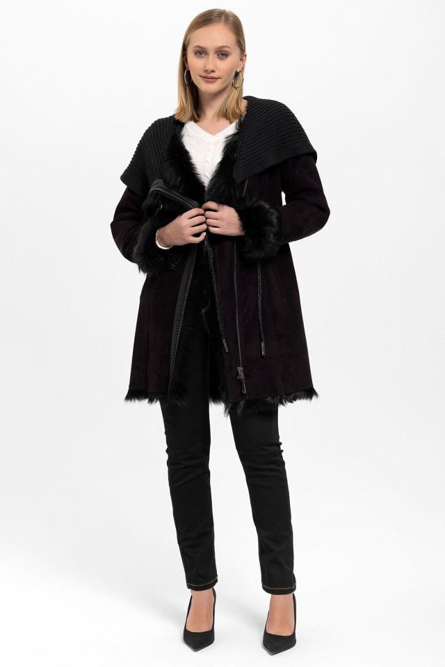 Plum Seline Knitwear Hooded Genuine Leather Fur Coat