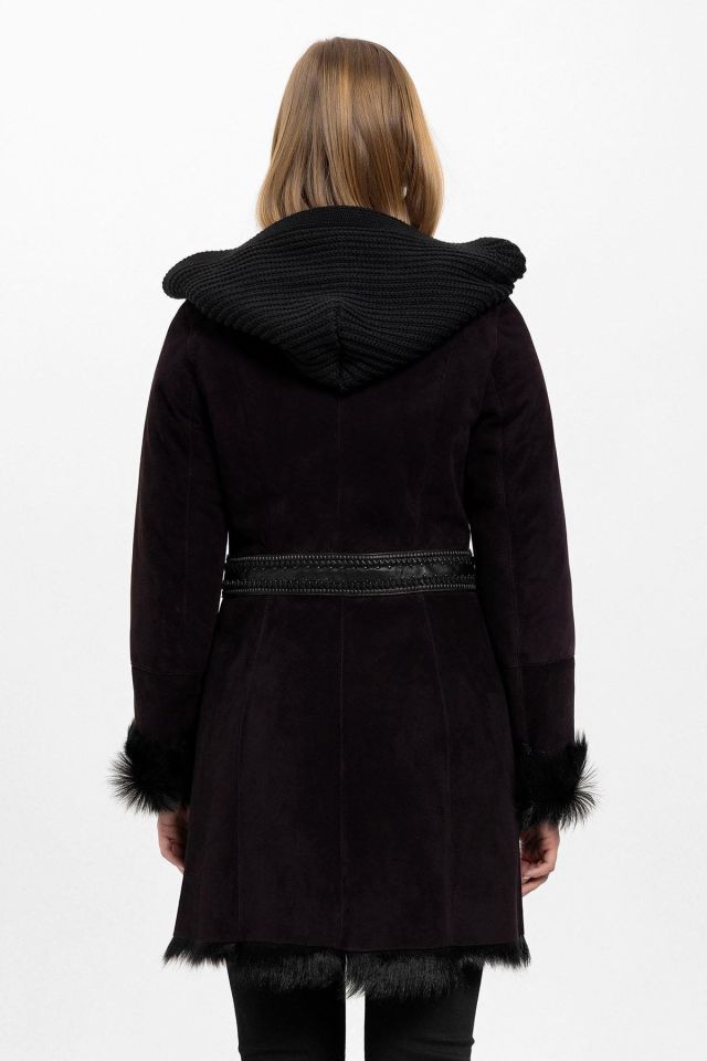 Plum Seline Knitwear Hooded Genuine Leather Fur Coat
