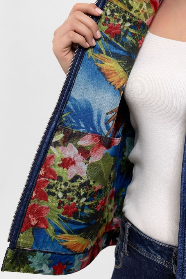 Navy Blue Floral Printed Woman Genuine Leather Jacket