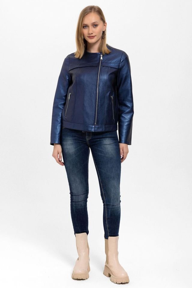 Navy Blue Floral Printed Woman Genuine Leather Jacket