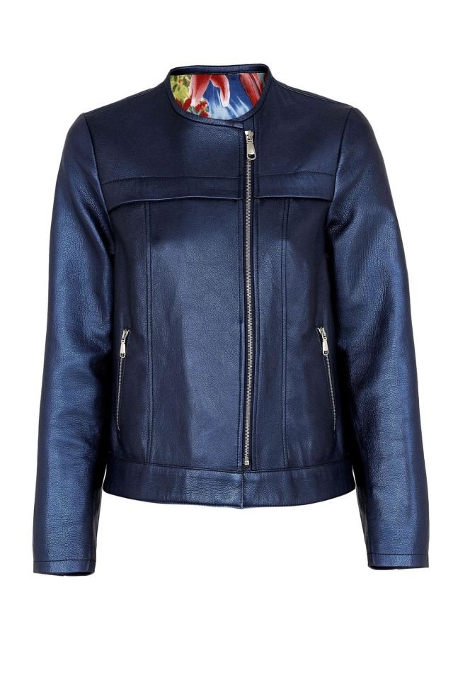Navy Blue Floral Printed Woman Genuine Leather Jacket
