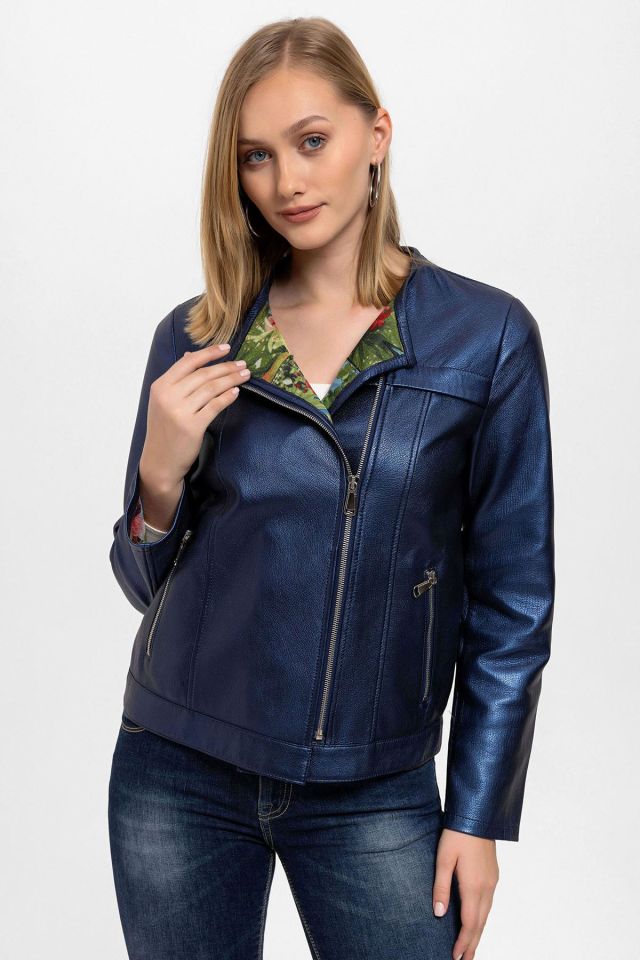 Navy Blue Floral Printed Woman Genuine Leather Jacket