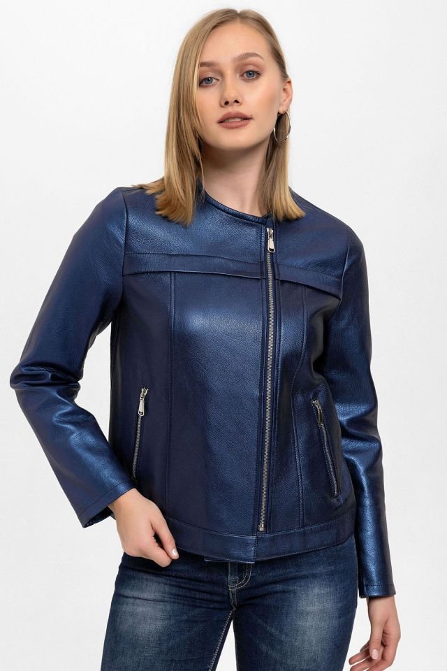 Navy Blue Floral Printed Woman Genuine Leather Jacket