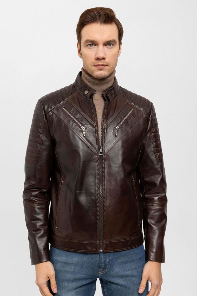 Brown Clan Man Genuine Leather Jacket