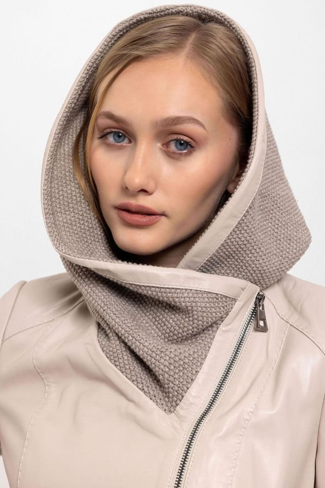Beige Julia Knitwear Genuine Woman Leather Coat