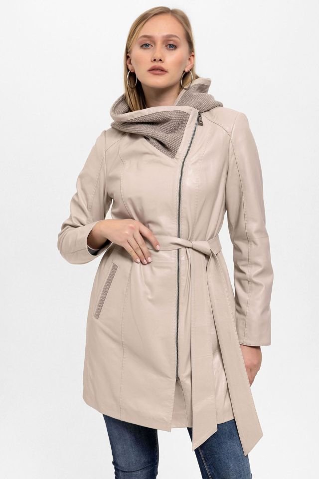 Beige Julia Knitwear Genuine Woman Leather Coat