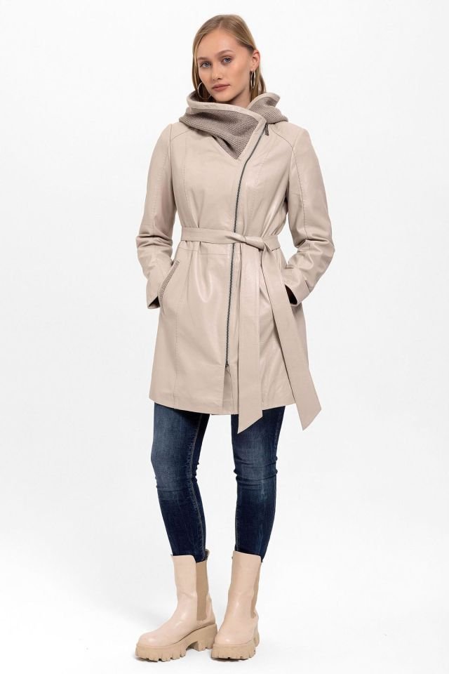 Beige Julia Knitwear Genuine Woman Leather Coat