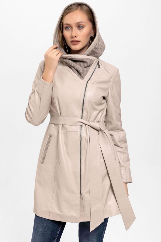 Beige Julia Knitwear Genuine Woman Leather Coat