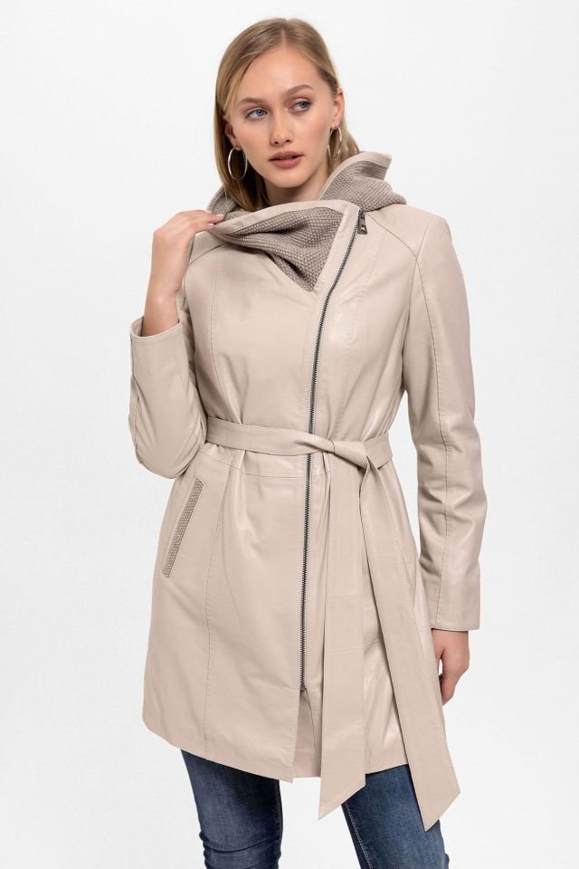 Beige Julia Knitwear Genuine Woman Leather Coat