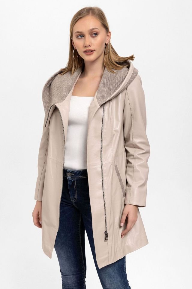 Beige Julia Knitwear Genuine Woman Leather Coat