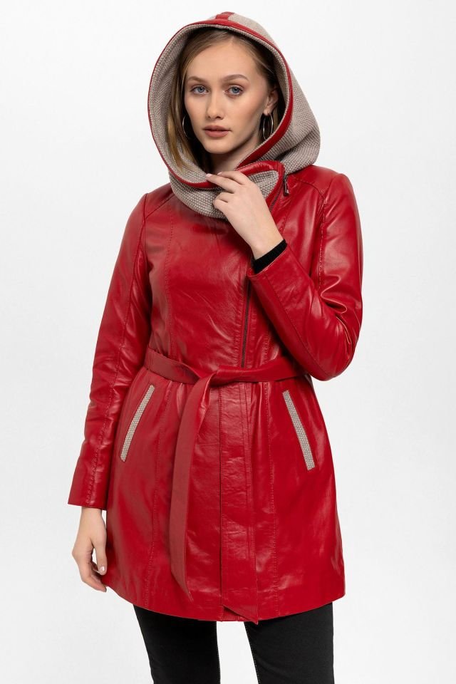 Red Julia Knitwear Hooded Belted Genuine Woman Leather Coat
