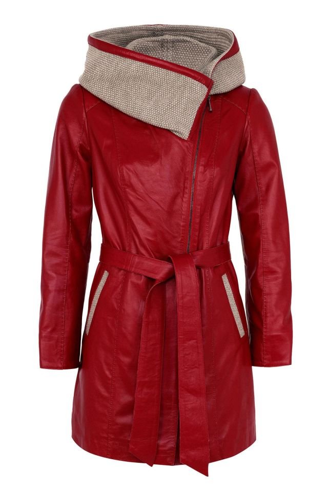 Red Julia Knitwear Hooded Belted Genuine Woman Leather Coat