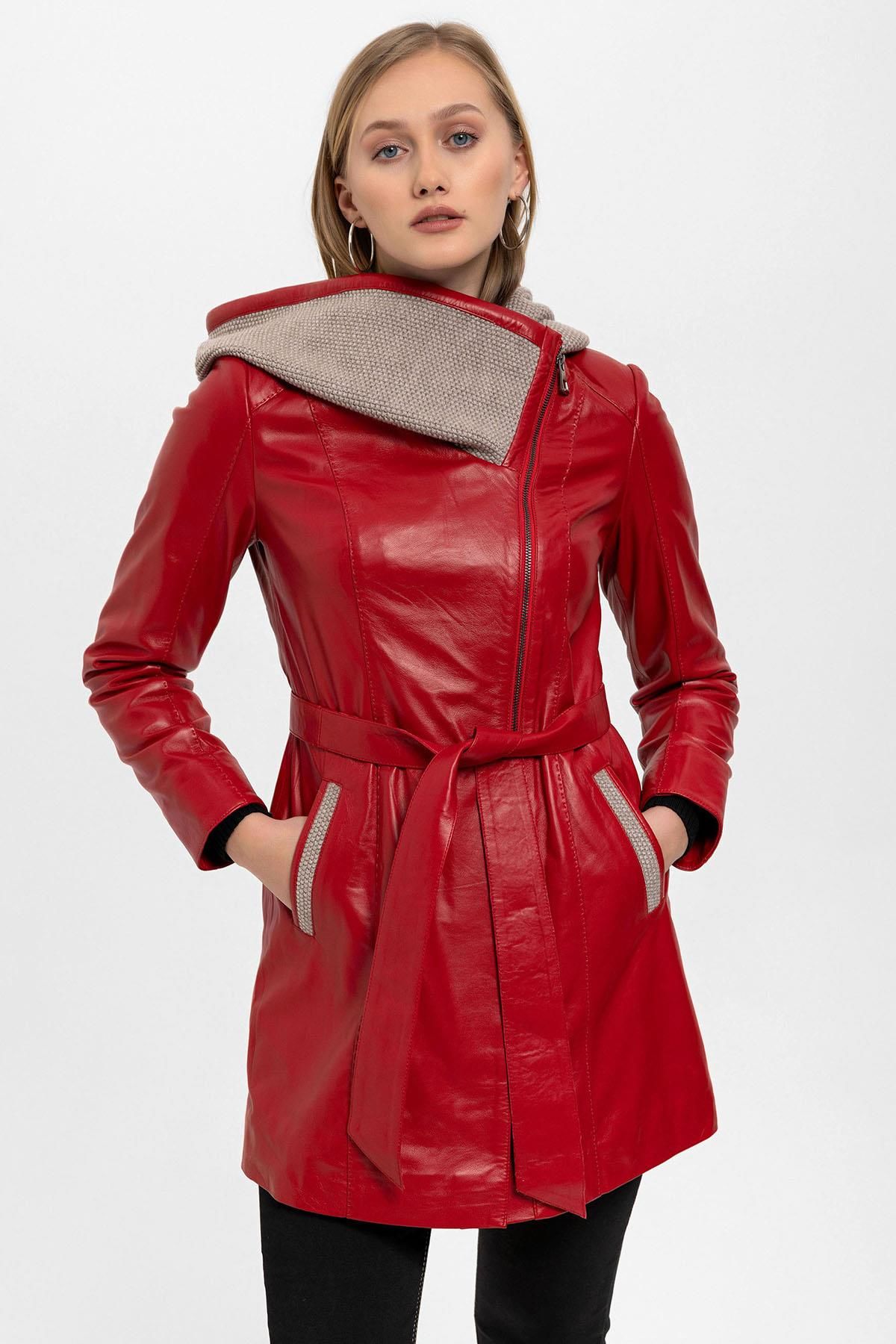 Red Julia Knitwear Hooded Belted Genuine Woman Leather Coat