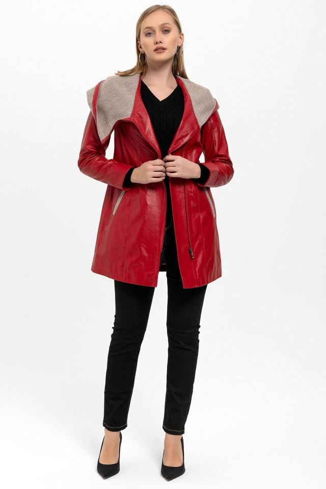 Red Julia Knitwear Hooded Belted Genuine Woman Leather Coat