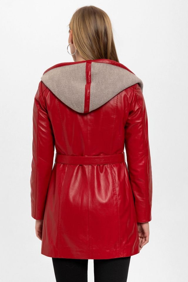Red Julia Knitwear Hooded Belted Genuine Woman Leather Coat