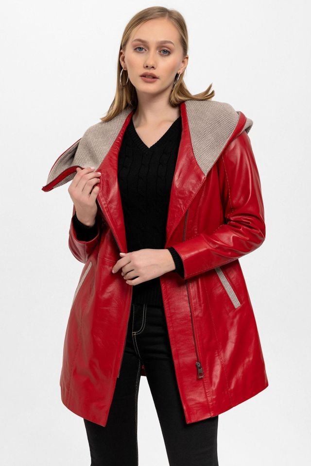 Red Julia Knitwear Hooded Belted Genuine Woman Leather Coat