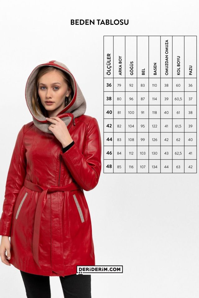 Red Julia Knitwear Hooded Belted Genuine Woman Leather Coat