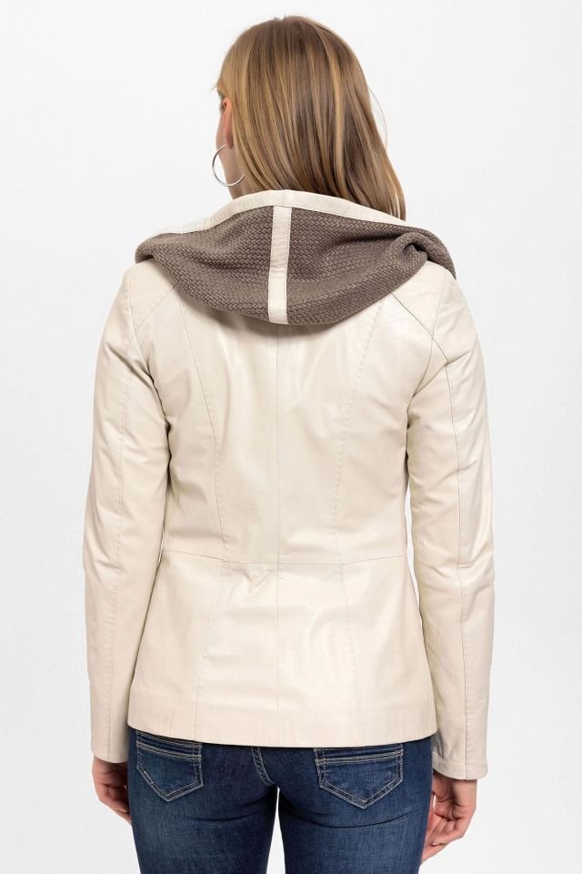Beige Antonia Knitwear Hooded Woman Genuine Leather Jacket
