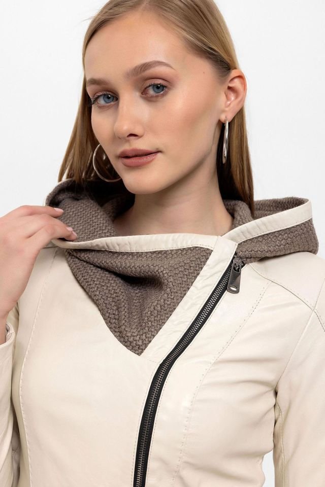 Beige Antonia Knitwear Hooded Woman Genuine Leather Jacket