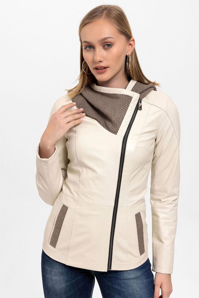 Beige Antonia Knitwear Hooded Woman Genuine Leather Jacket