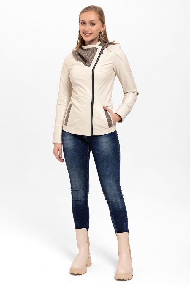 Beige Antonia Knitwear Hooded Woman Genuine Leather Jacket