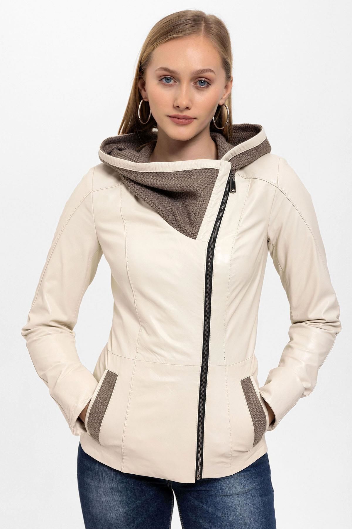 Beige Antonia Knitwear Hooded Woman Genuine Leather Jacket