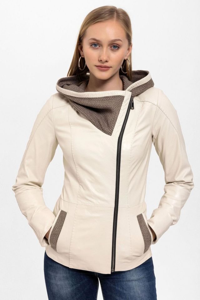 Beige Antonia Knitwear Hooded Woman Genuine Leather Jacket