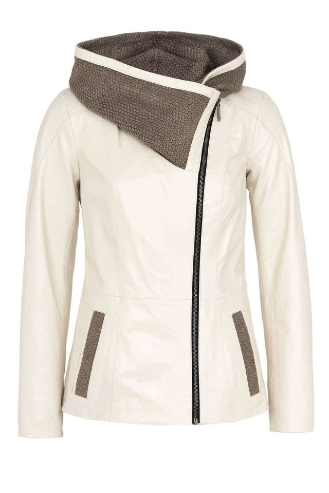Beige Antonia Knitwear Hooded Woman Genuine Leather Jacket