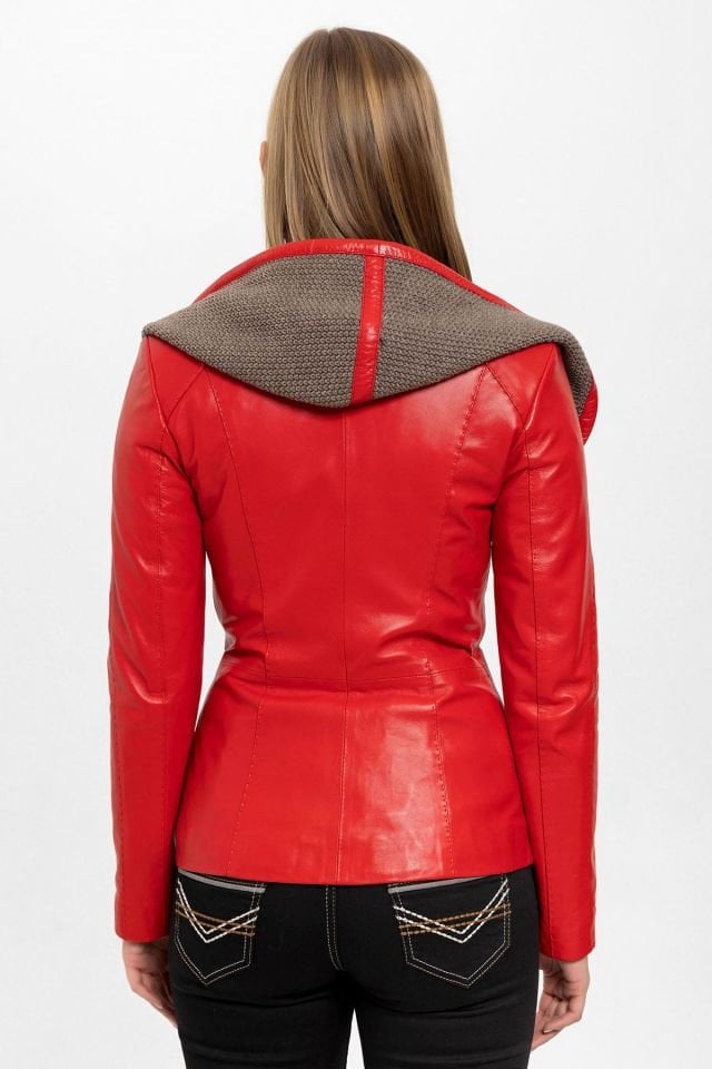 Red Antonia Knitwear Hooded Woman Genuine Leather Jacket