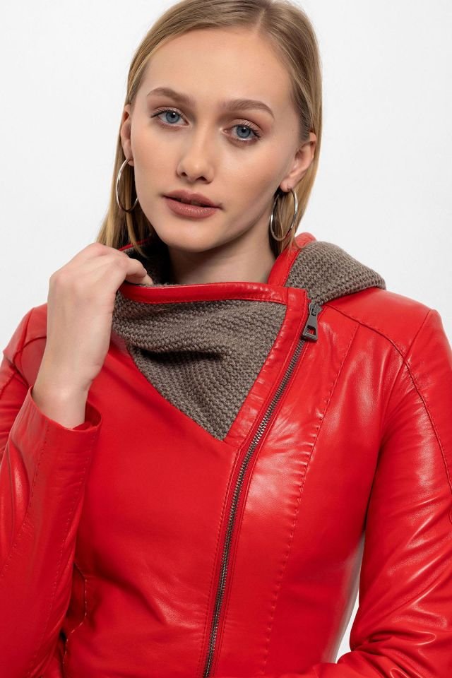 Red Antonia Knitwear Hooded Woman Genuine Leather Jacket
