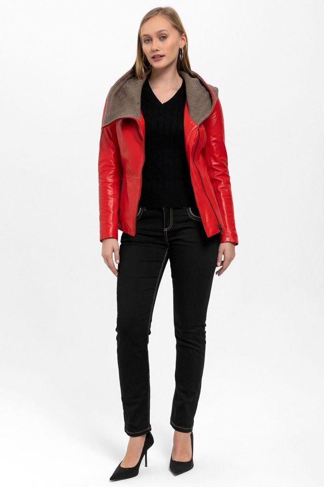 Red Antonia Knitwear Hooded Woman Genuine Leather Jacket