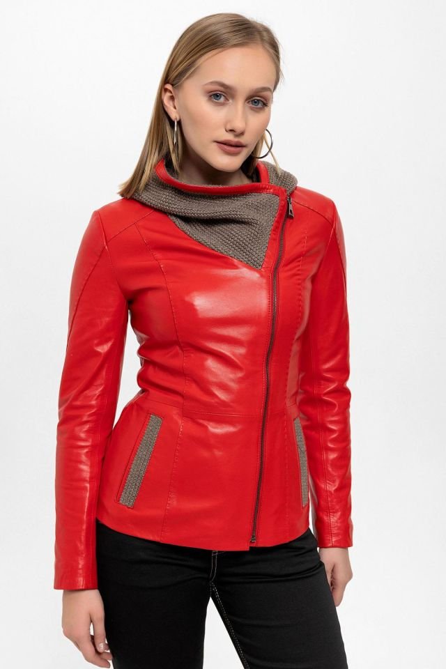 Red Antonia Knitwear Hooded Woman Genuine Leather Jacket