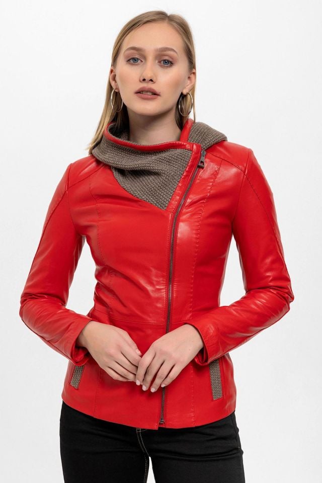 Red Antonia Knitwear Hooded Woman Genuine Leather Jacket