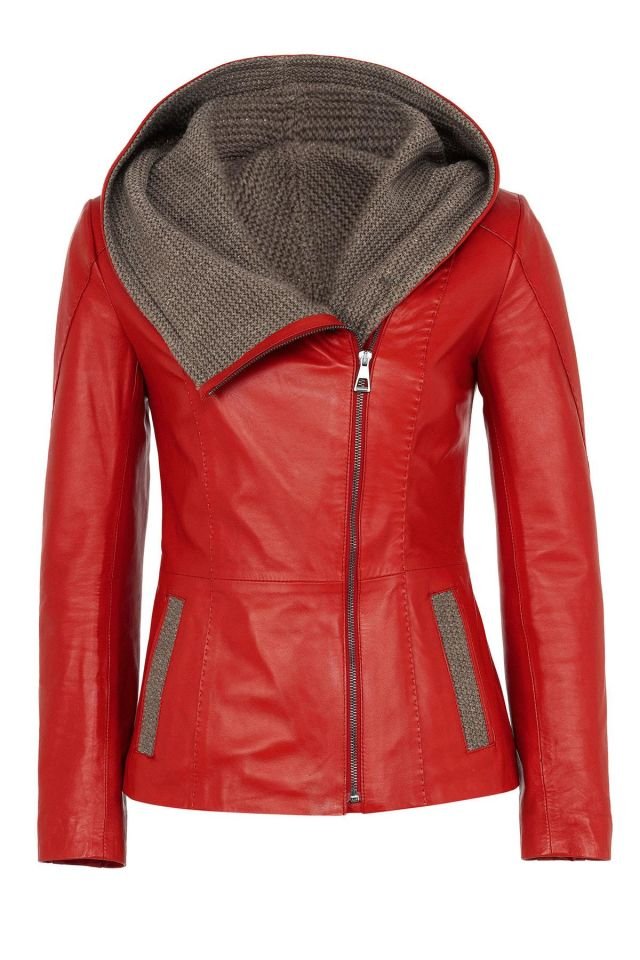 Red Antonia Knitwear Hooded Woman Genuine Leather Jacket