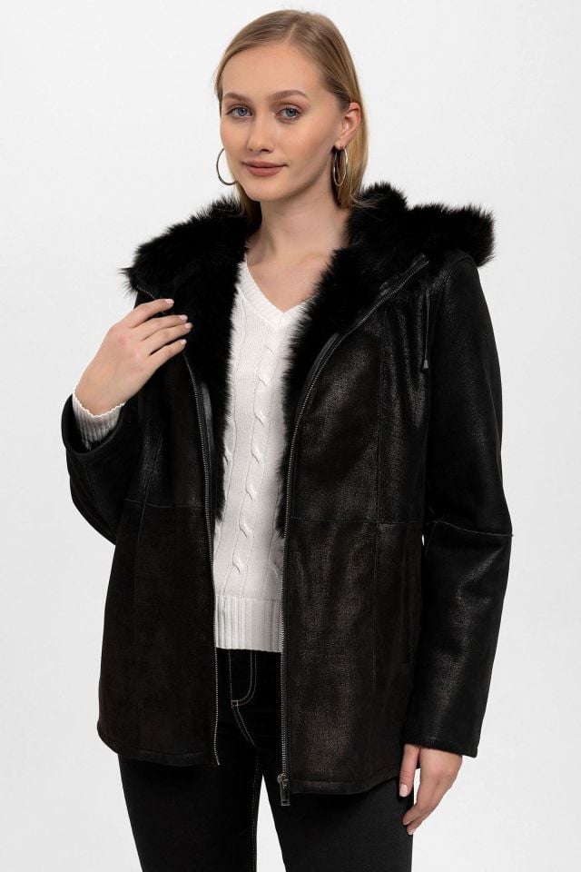 Yenni Silvery Black Woman Genuine Shearling Coat