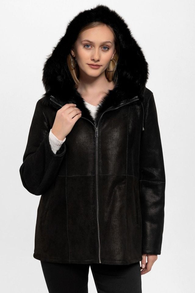 Yenni Silvery Black Woman Genuine Shearling Coat