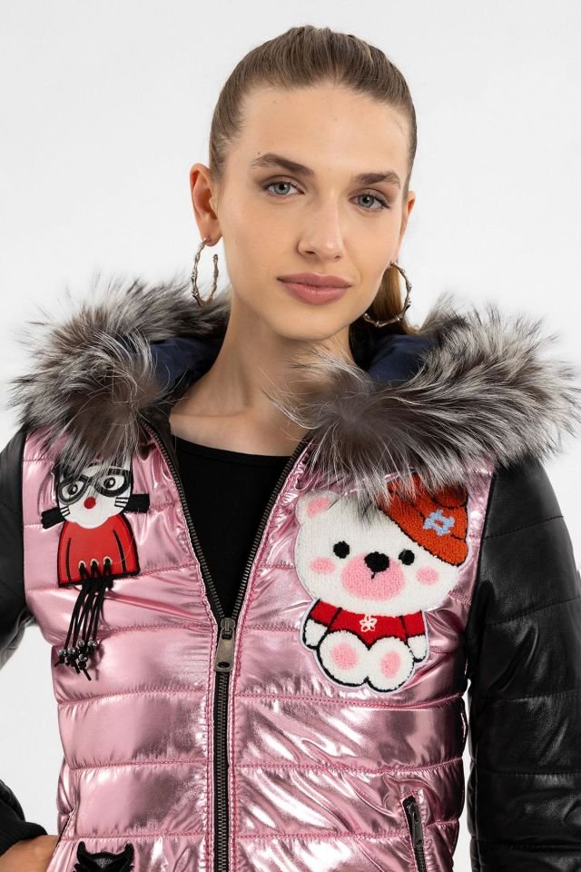 Black Pink Bloom Fur Hood Insulated Woman Genuine Leather Jacket