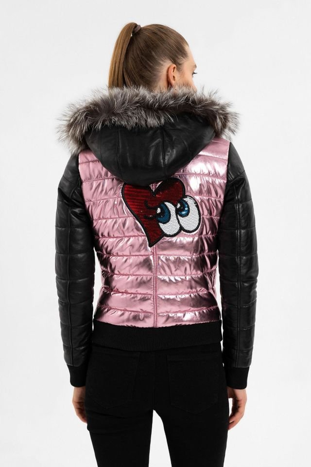 Black Pink Bloom Fur Hood Insulated Woman Genuine Leather Jacket