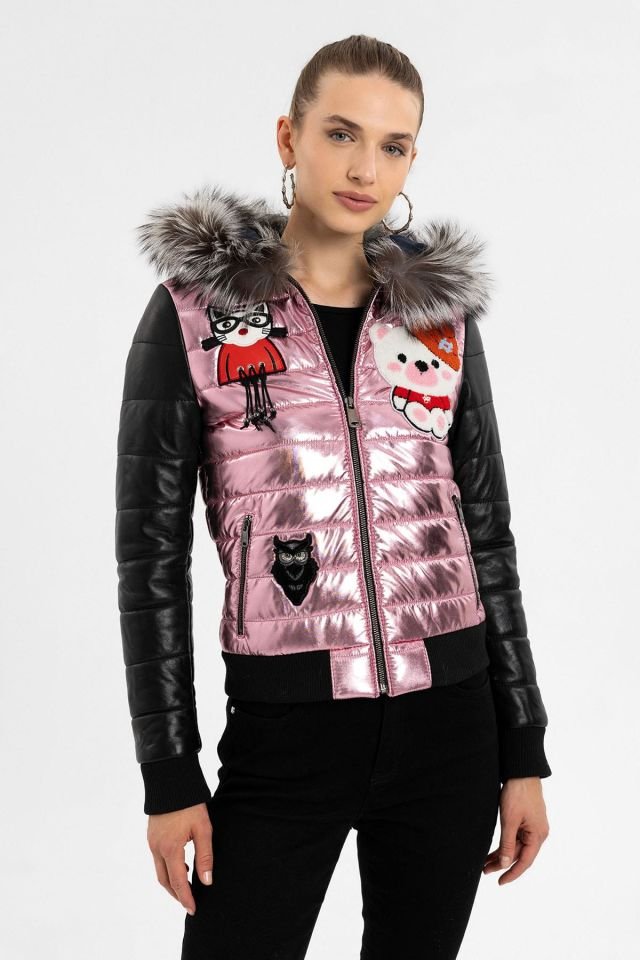 Black Pink Bloom Fur Hood Insulated Woman Genuine Leather Jacket