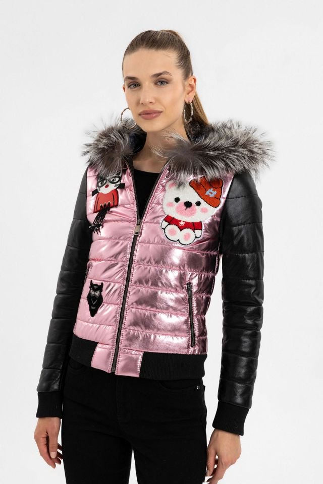 Black Pink Bloom Fur Hood Insulated Woman Genuine Leather Jacket