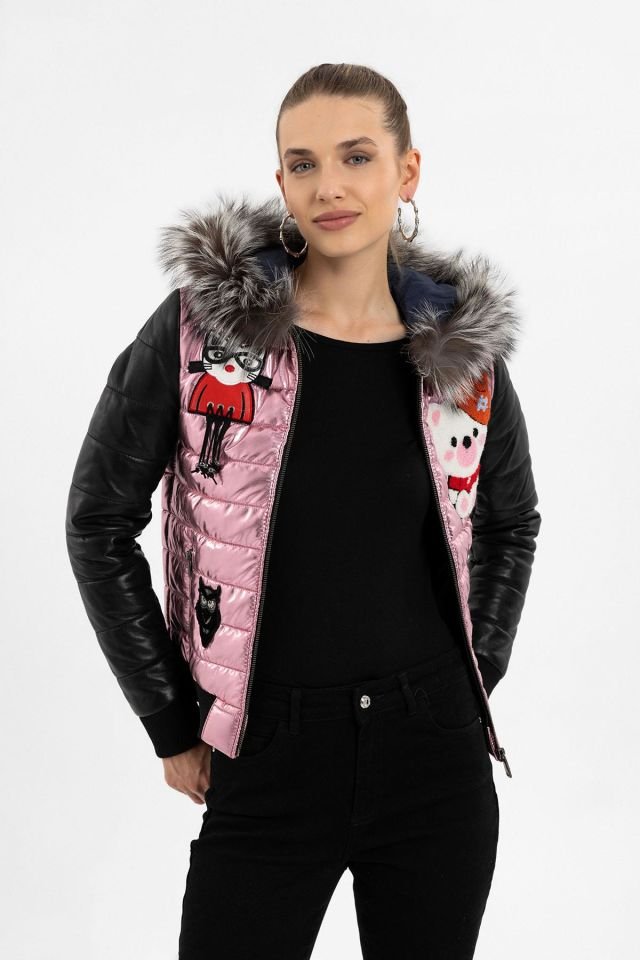 Black Pink Bloom Fur Hood Insulated Woman Genuine Leather Jacket